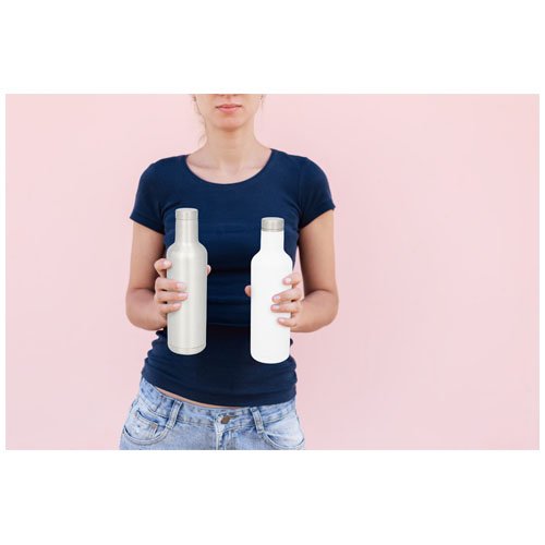 Two,Steel,Reusable,,Eco,Thermo,Water,Bottles,In,Female,Hands.