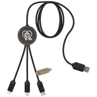 SCX.design C36 3-i-1 rPET ladekabel med lysende logo og rundt bambusdeksel